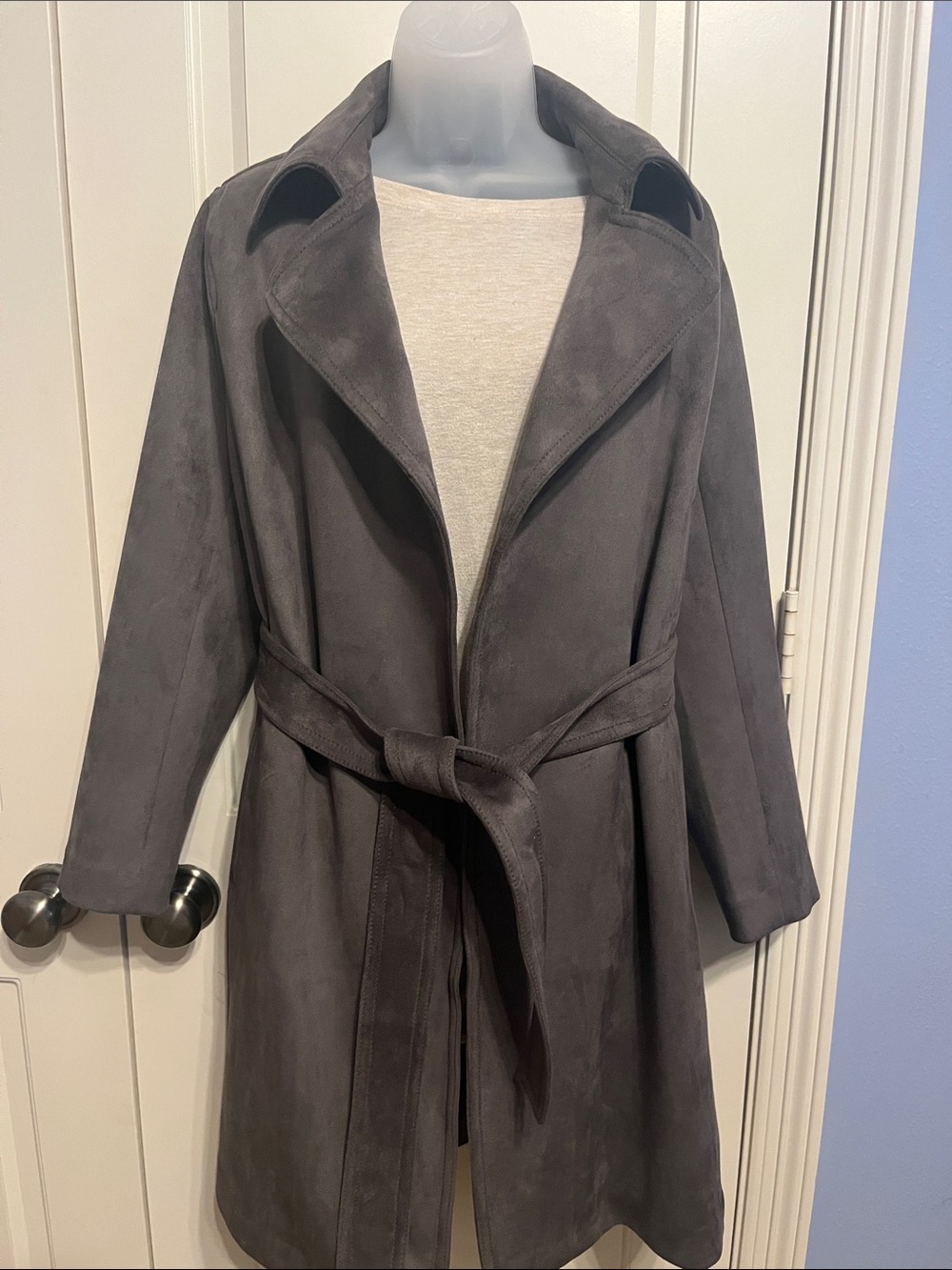 Ann Taylor Gray Suede-Look Belted Trench Coat
